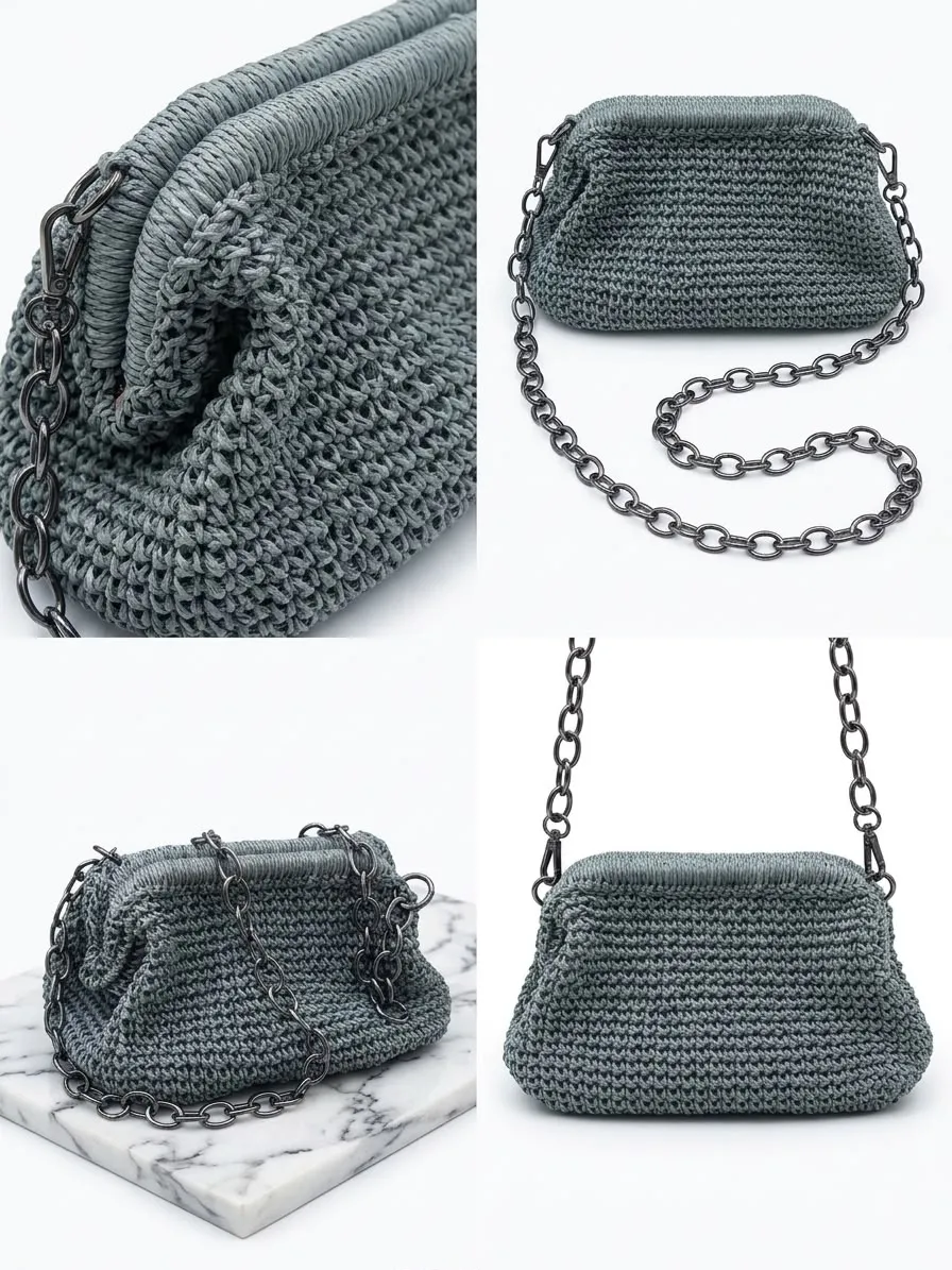 premium el örgüsü omuz çantası - koyu metal zincirli pouch clutch (gri-mavi)